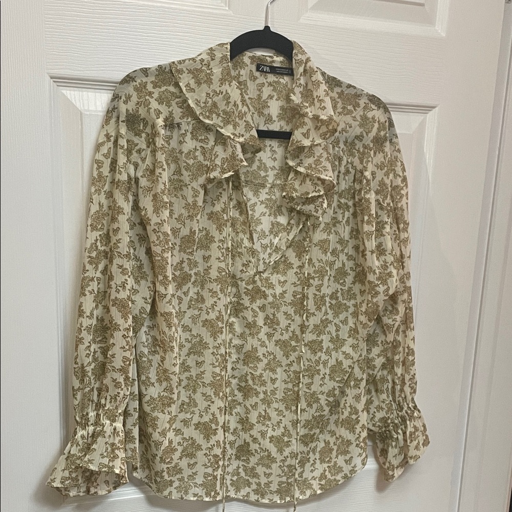Zara Cream and Brown Floral Blouse with Ruffles